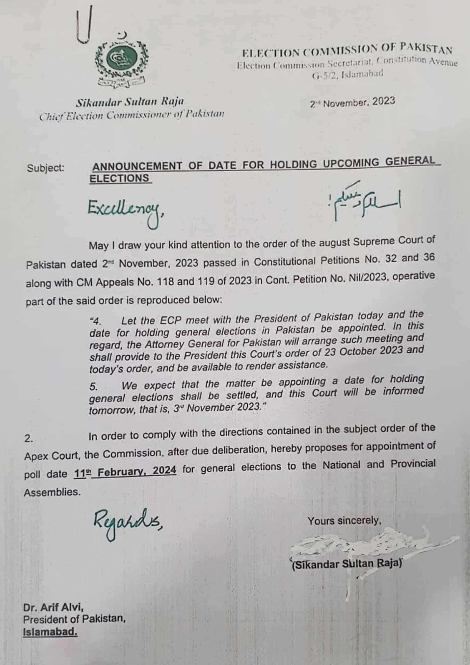 In letter to President Alvi, ECP proposes elections on Feb 11